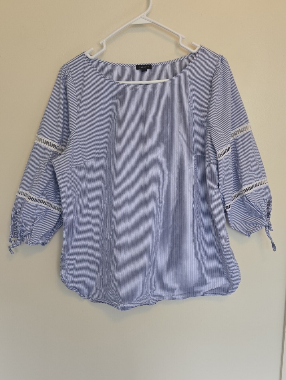 Talbots Tie Detail Poplin Blouse Blue White Striped Bateau/Boat Neck XL Nautical